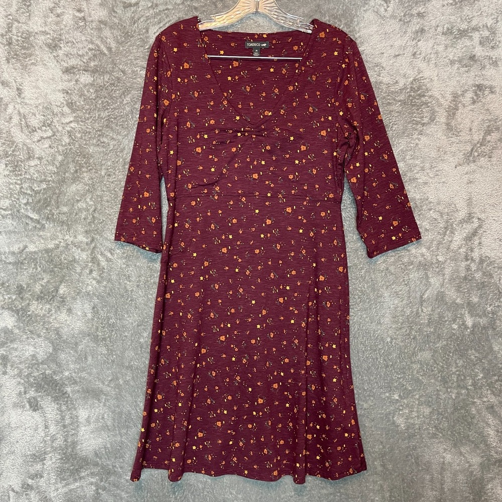 Toad&Co Women Rosalinda II Dress Medium Burgundy Red Floral 3/4 Sleeve Knit - Picture 2 of 9